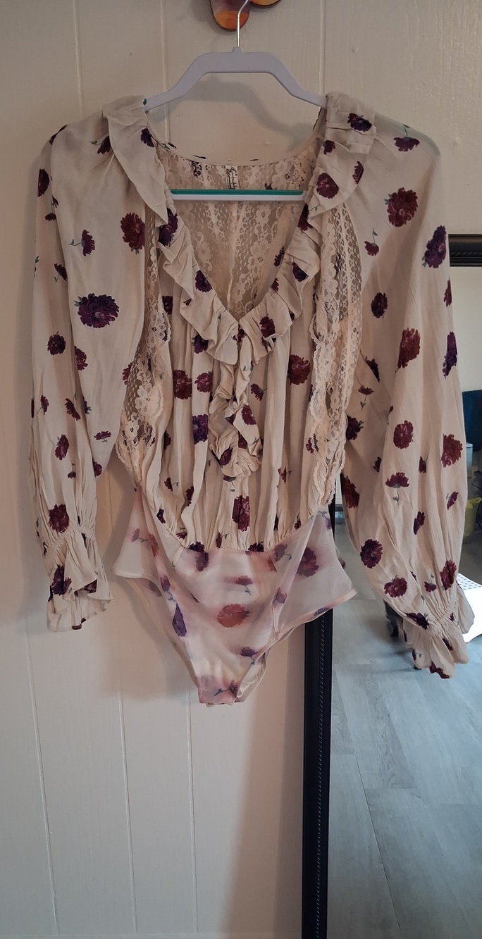Free People Floral Lace-Trim Ruffle Bodysuit - Cream with Purple Flowers